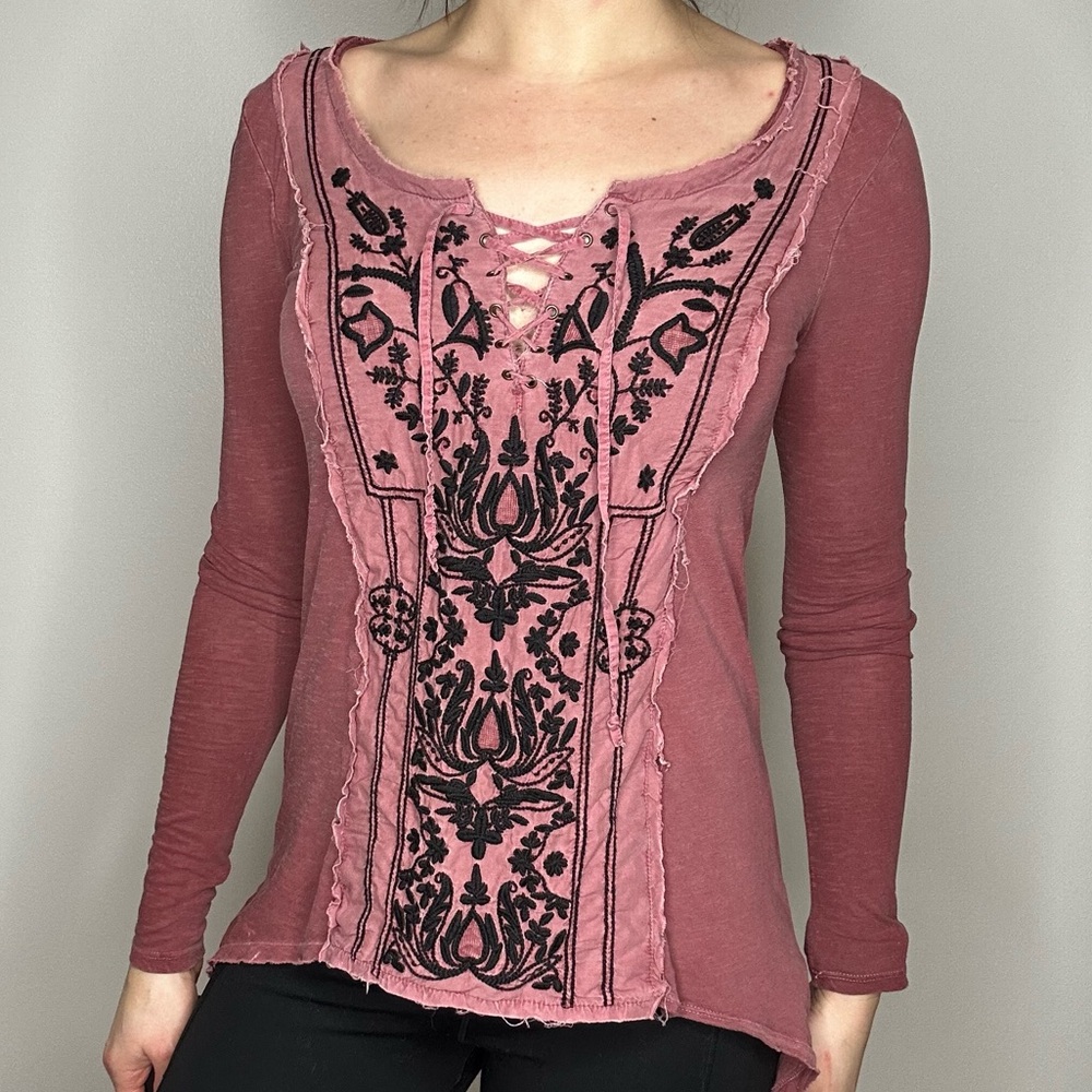 Free People High Low BoHo Cranberry Lace Front Tunic XS